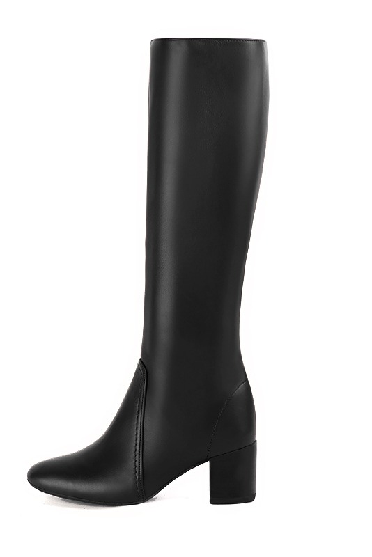 Satin black women's feminine knee-high boots. Round toe. Medium block heels. Made to measure. Profile view - Florence KOOIJMAN